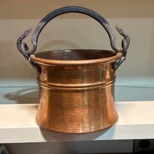 Antique Rustic Copper Cauldron With Iron Handle